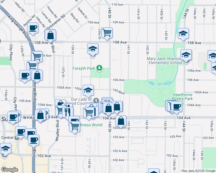 map of restaurants, bars, coffee shops, grocery stores, and more near 10581 140 Street in Surrey