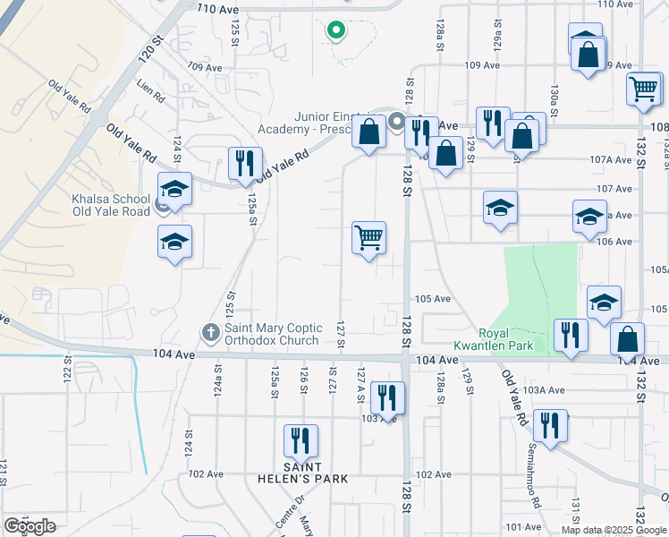 map of restaurants, bars, coffee shops, grocery stores, and more near 12690 105A Avenue in Surrey