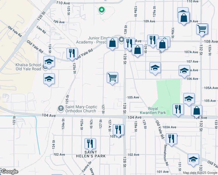 map of restaurants, bars, coffee shops, grocery stores, and more near 10550 127 Street in Surrey