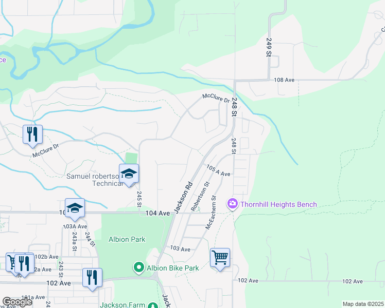 map of restaurants, bars, coffee shops, grocery stores, and more near 10590 McVeety Street in Maple Ridge
