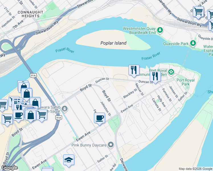 map of restaurants, bars, coffee shops, grocery stores, and more near 430 Duncan Street in New Westminster