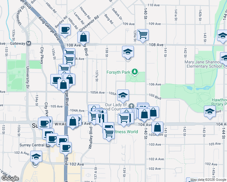 map of restaurants, bars, coffee shops, grocery stores, and more near 10561 138A Street in Surrey