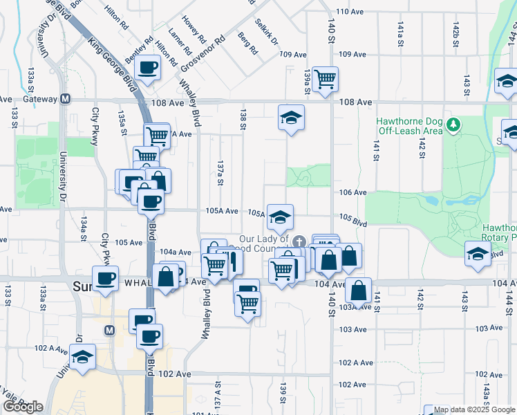 map of restaurants, bars, coffee shops, grocery stores, and more near 10561 138A Street in Surrey