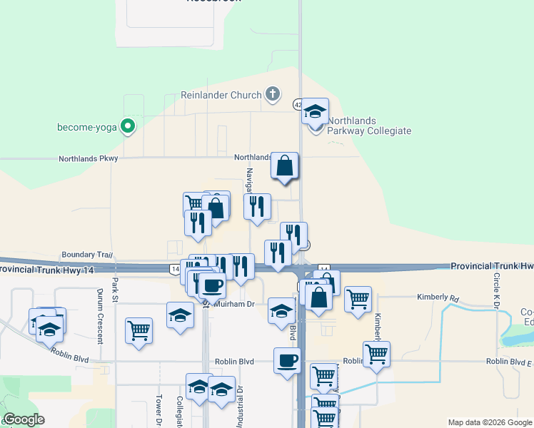 map of restaurants, bars, coffee shops, grocery stores, and more near 995 Navigator Drive in Plum Coulee