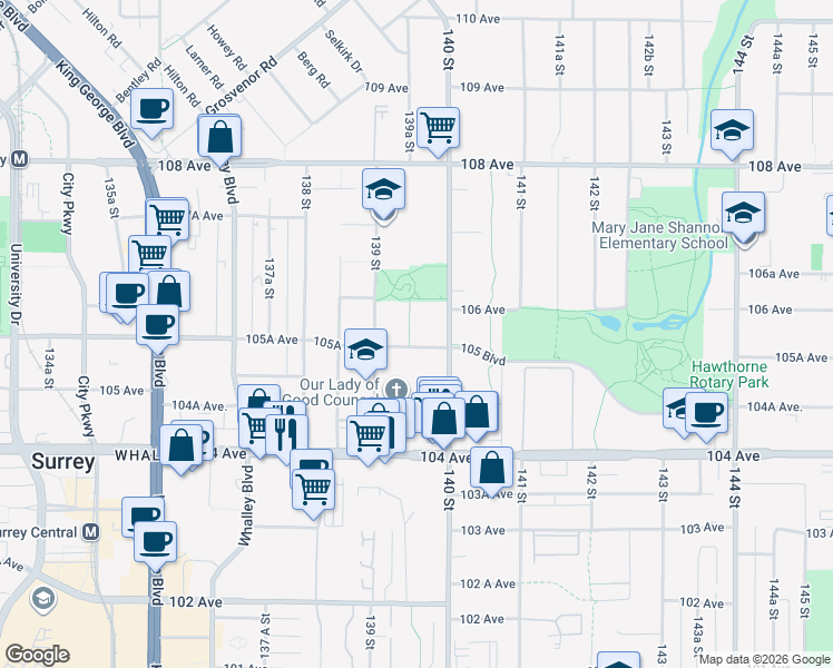 map of restaurants, bars, coffee shops, grocery stores, and more near 13963 105A Avenue in Surrey