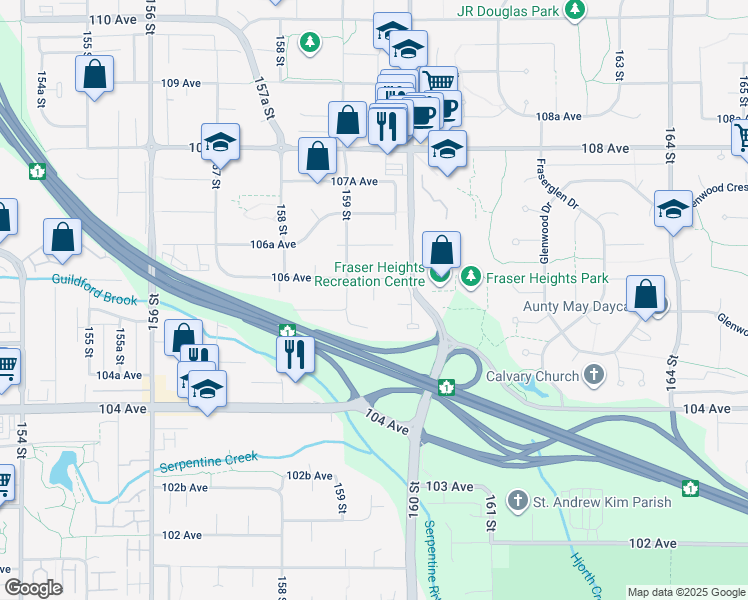 map of restaurants, bars, coffee shops, grocery stores, and more near 10583 159A Street in Surrey