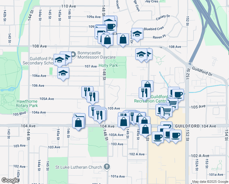 map of restaurants, bars, coffee shops, grocery stores, and more near in Surrey