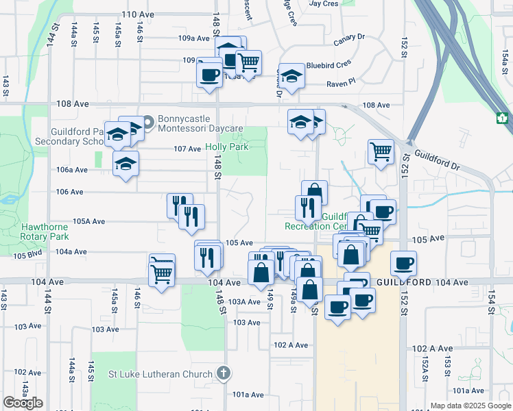 map of restaurants, bars, coffee shops, grocery stores, and more near 10582 Holly Park Lane in Surrey