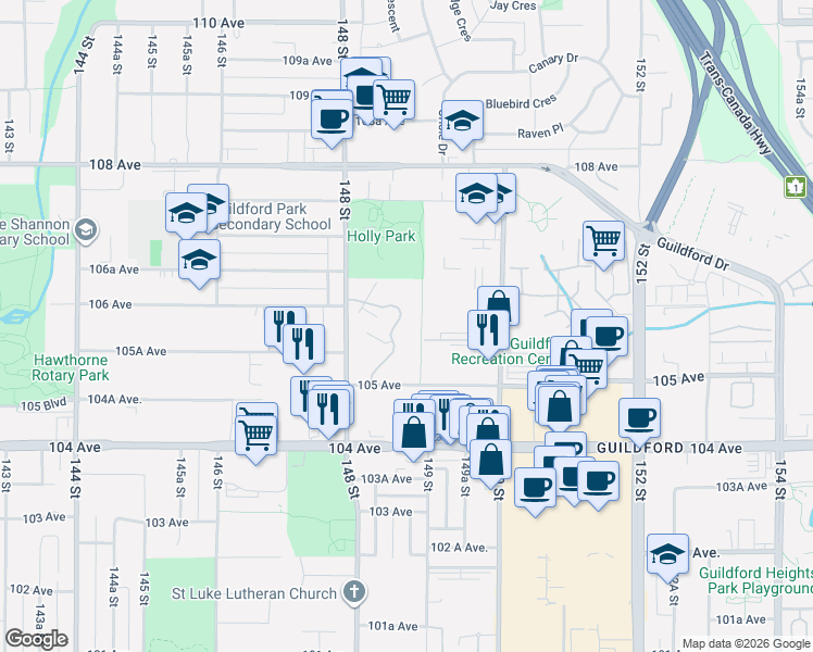 map of restaurants, bars, coffee shops, grocery stores, and more near in Surrey