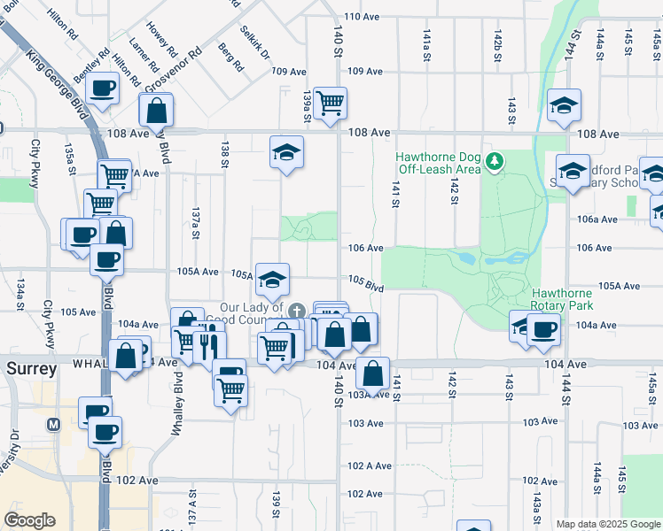 map of restaurants, bars, coffee shops, grocery stores, and more near in Surrey