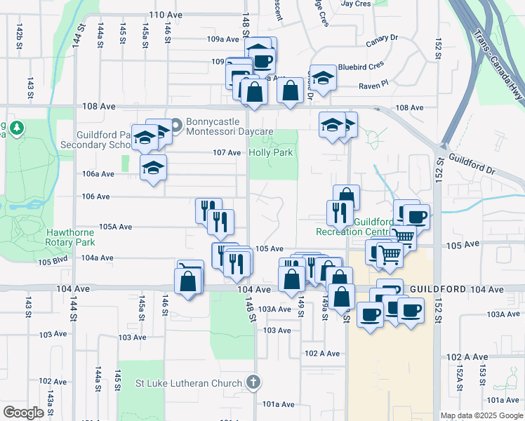 map of restaurants, bars, coffee shops, grocery stores, and more near 14834 Holly Park Lane in Surrey