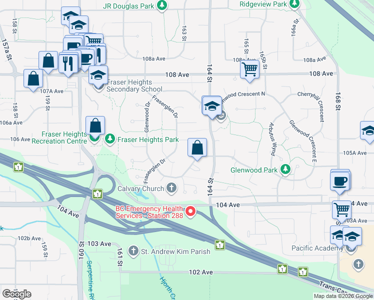 map of restaurants, bars, coffee shops, grocery stores, and more near 10574 Woodglen Close in Surrey
