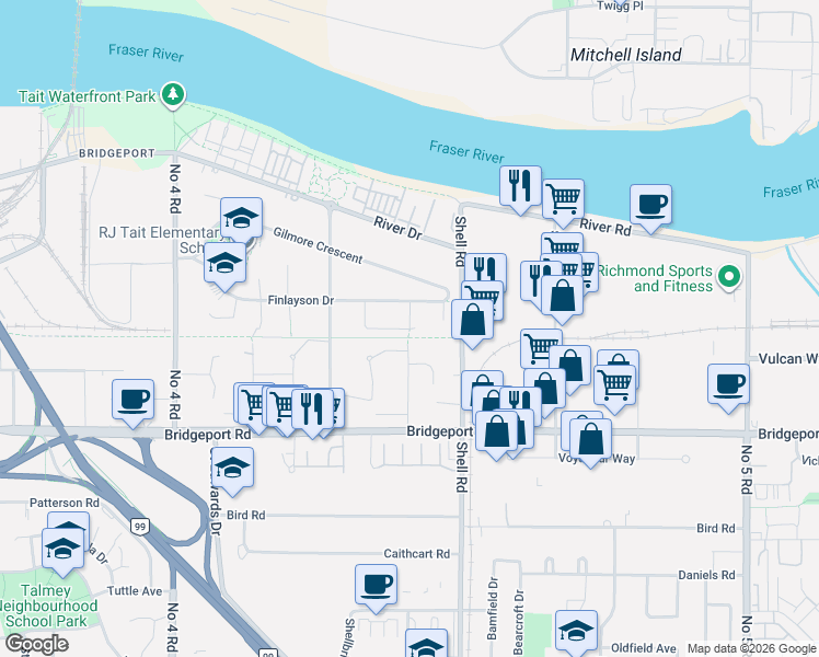 map of restaurants, bars, coffee shops, grocery stores, and more near Baydala Court in Richmond
