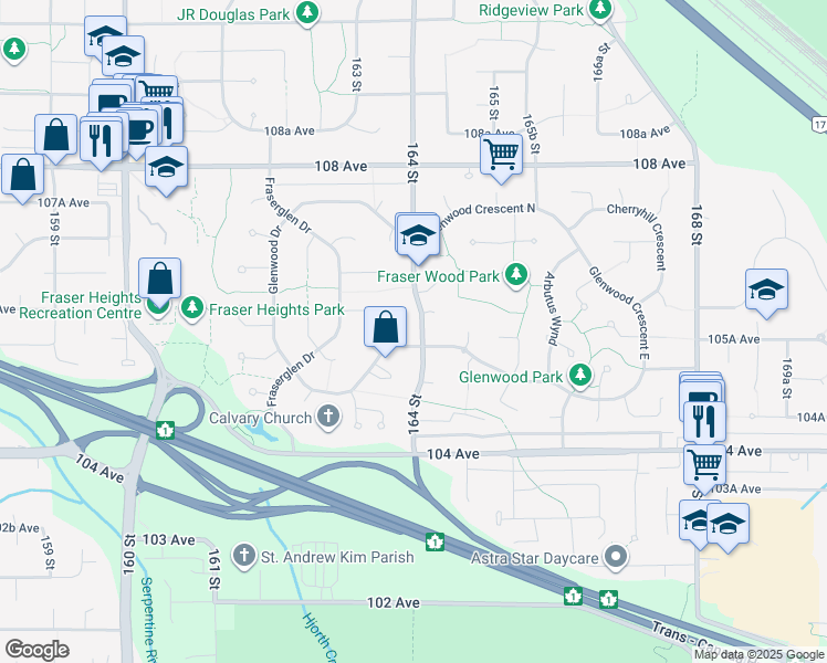 map of restaurants, bars, coffee shops, grocery stores, and more near 10571 164 Street in Surrey