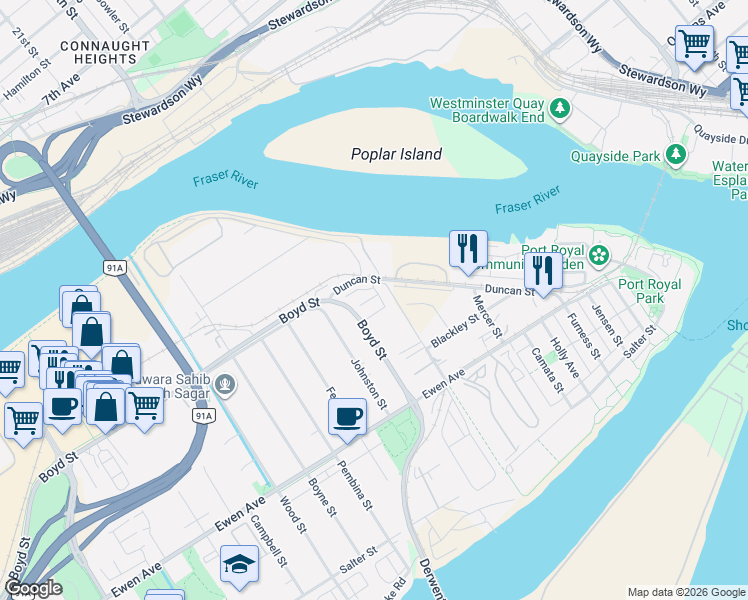 map of restaurants, bars, coffee shops, grocery stores, and more near 430 Duncan Street in New Westminster