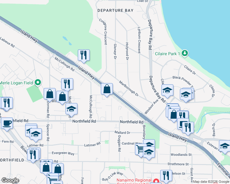 map of restaurants, bars, coffee shops, grocery stores, and more near Highland Boulevard in Nanaimo