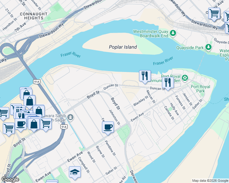 map of restaurants, bars, coffee shops, grocery stores, and more near 430 Duncan Street in New Westminster