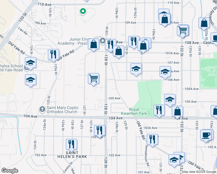 map of restaurants, bars, coffee shops, grocery stores, and more near 10558 128 Street in Surrey