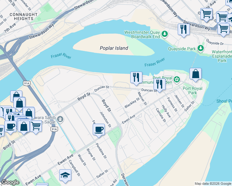 map of restaurants, bars, coffee shops, grocery stores, and more near 388 Duncan Street in New Westminster