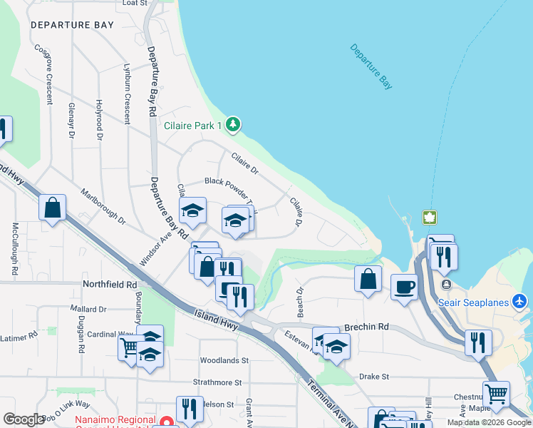 map of restaurants, bars, coffee shops, grocery stores, and more near 136 Maquinna Crescent in Nanaimo