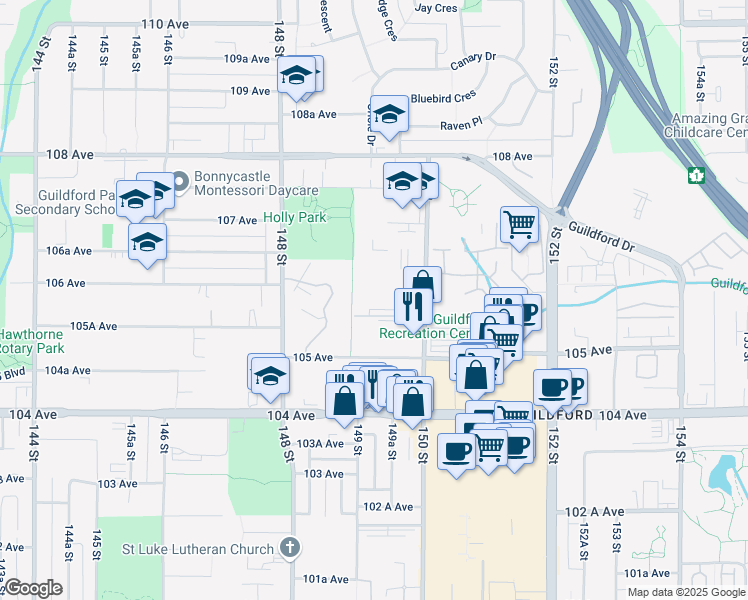 map of restaurants, bars, coffee shops, grocery stores, and more near 10557 150 Street in Surrey