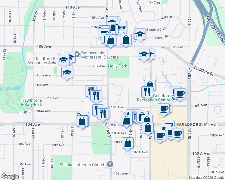 map of restaurants, bars, coffee shops, grocery stores, and more near 14826 Holly Park Lane in Surrey
