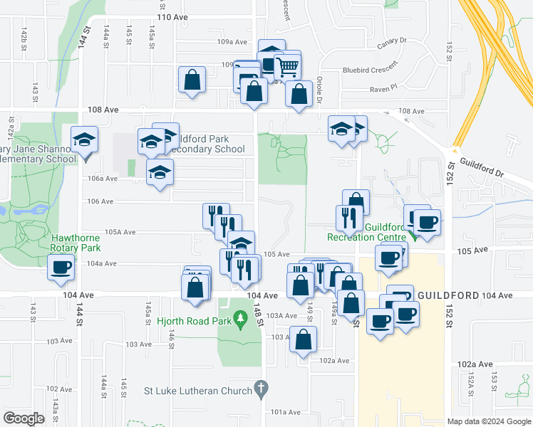 map of restaurants, bars, coffee shops, grocery stores, and more near 10 148 Street in Surrey