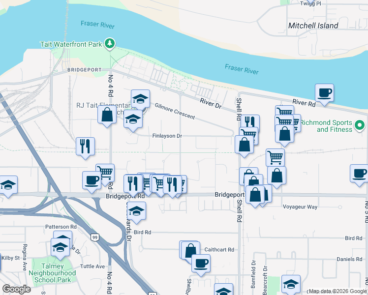 map of restaurants, bars, coffee shops, grocery stores, and more near 2280 McLennan Avenue in Richmond