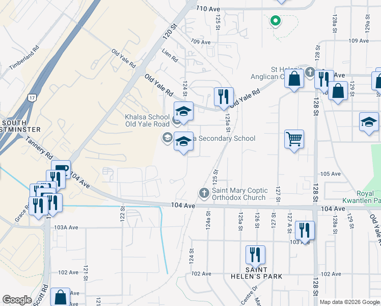 map of restaurants, bars, coffee shops, grocery stores, and more near 12411 105A Avenue in Surrey