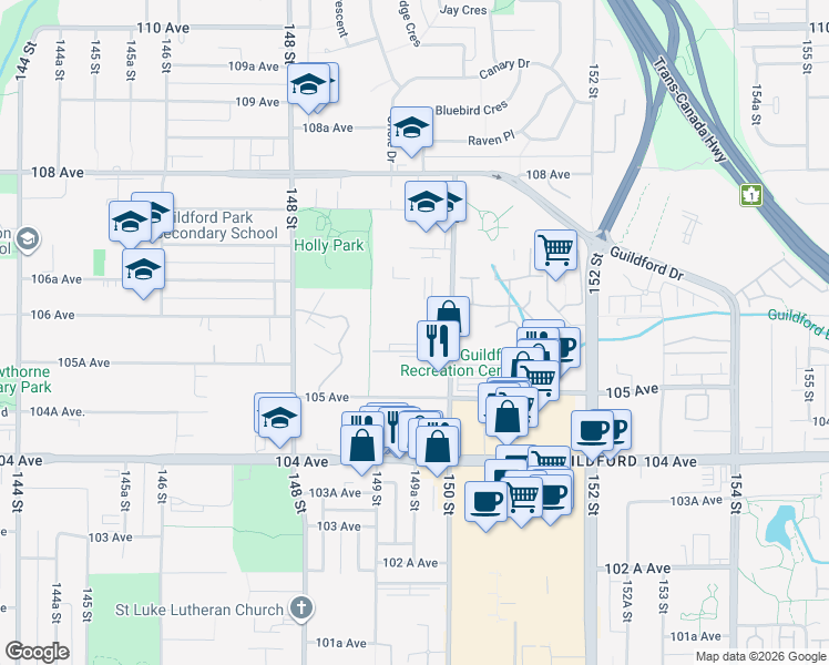 map of restaurants, bars, coffee shops, grocery stores, and more near 10557 150 Street in Surrey