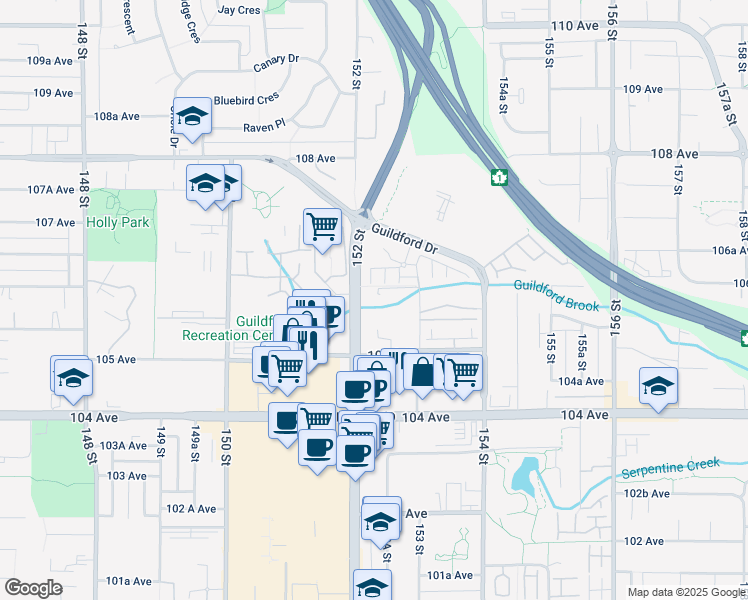 map of restaurants, bars, coffee shops, grocery stores, and more near 10595 153 Street in Surrey