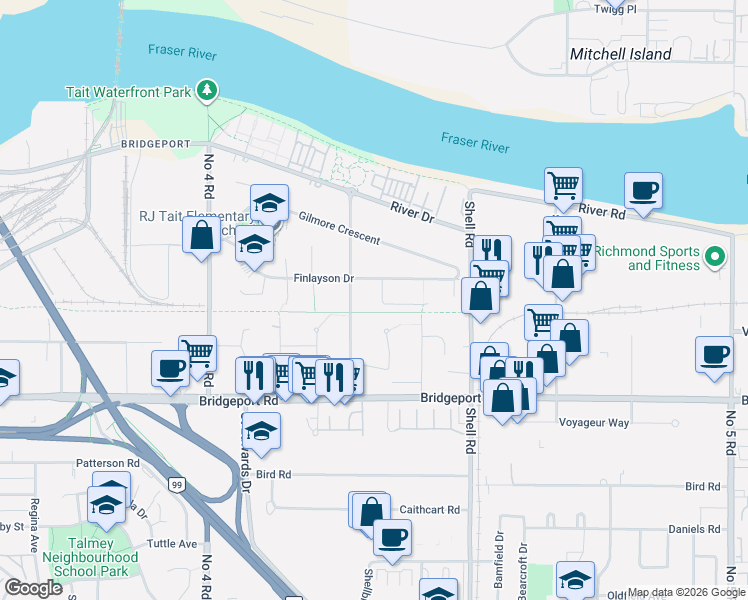 map of restaurants, bars, coffee shops, grocery stores, and more near 2271 Baydala Court in Richmond