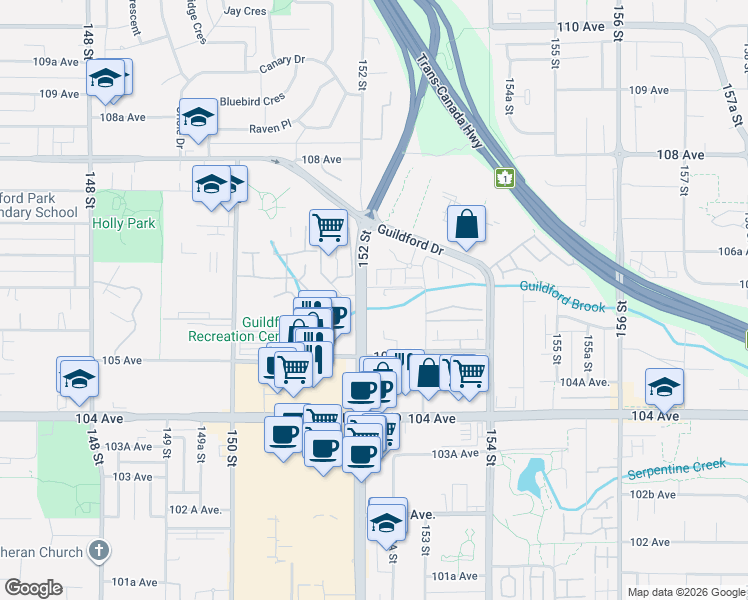 map of restaurants, bars, coffee shops, grocery stores, and more near 10595 153 Street in Surrey