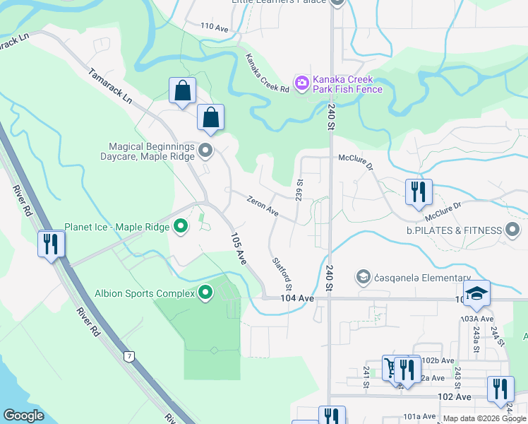 map of restaurants, bars, coffee shops, grocery stores, and more near 23854 Zeron Avenue in Maple Ridge