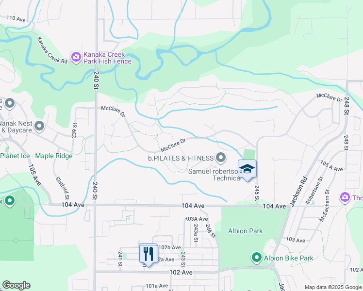 map of restaurants, bars, coffee shops, grocery stores, and more near 24270 McClure Drive in Maple Ridge