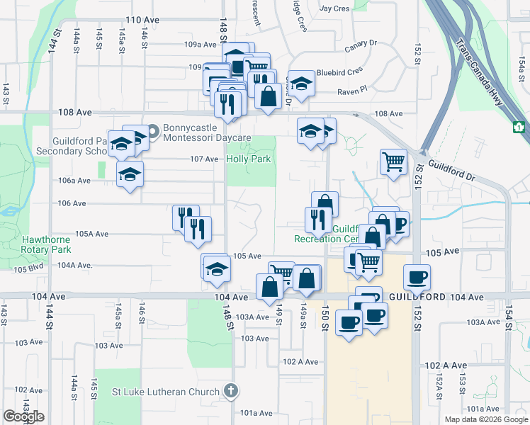 map of restaurants, bars, coffee shops, grocery stores, and more near 10570 Holly Park Lane in Surrey