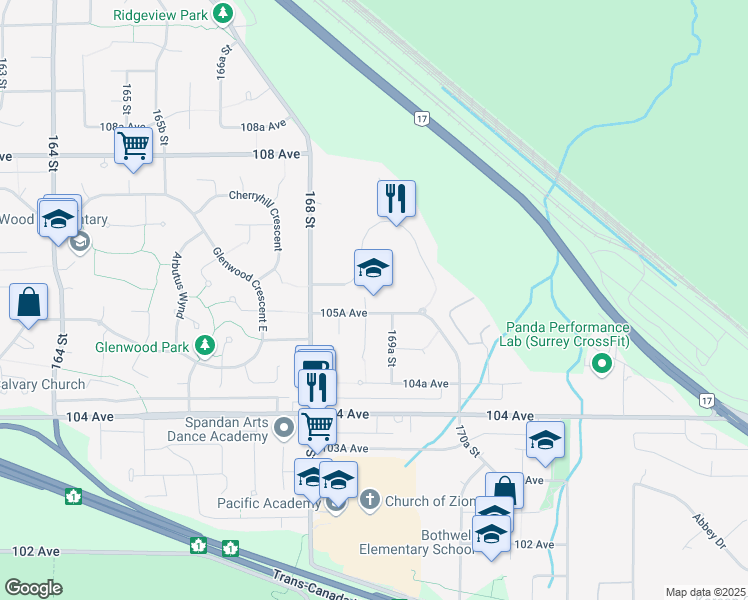 map of restaurants, bars, coffee shops, grocery stores, and more near 10568 169 Street in Surrey