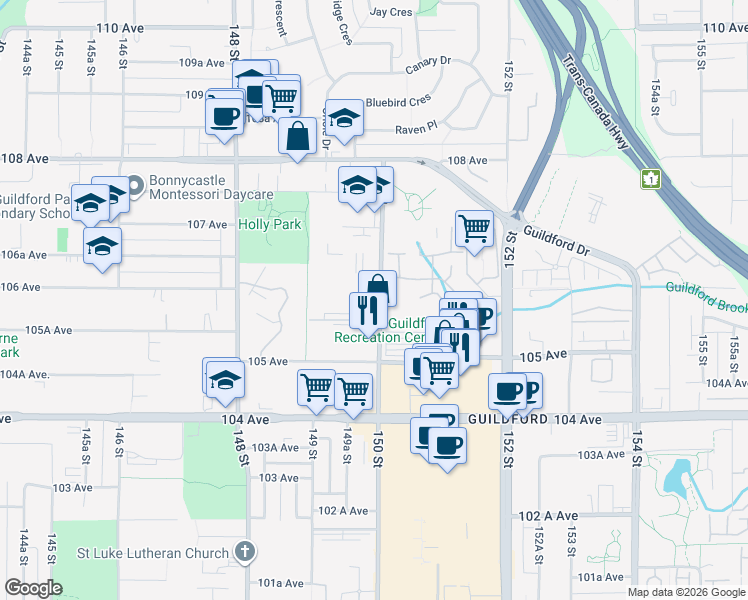 map of restaurants, bars, coffee shops, grocery stores, and more near 10567 150 Street in Surrey