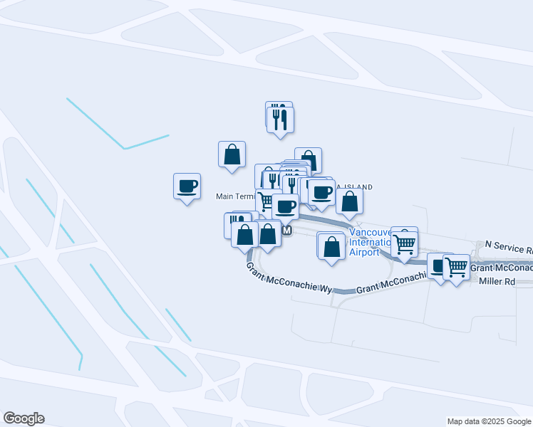 map of restaurants, bars, coffee shops, grocery stores, and more near 3211 Grant McConachie Way in Richmond