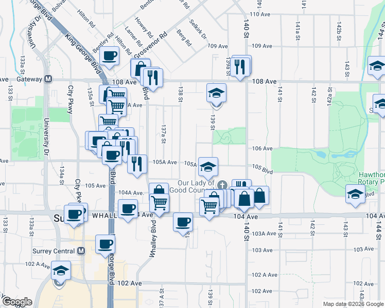 map of restaurants, bars, coffee shops, grocery stores, and more near 10577 138A Street in Surrey
