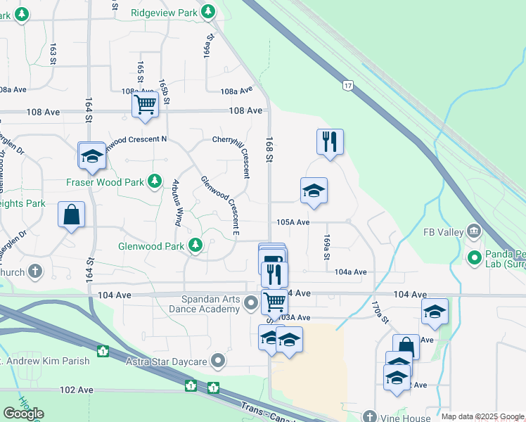 map of restaurants, bars, coffee shops, grocery stores, and more near 10577 168 Street in Surrey