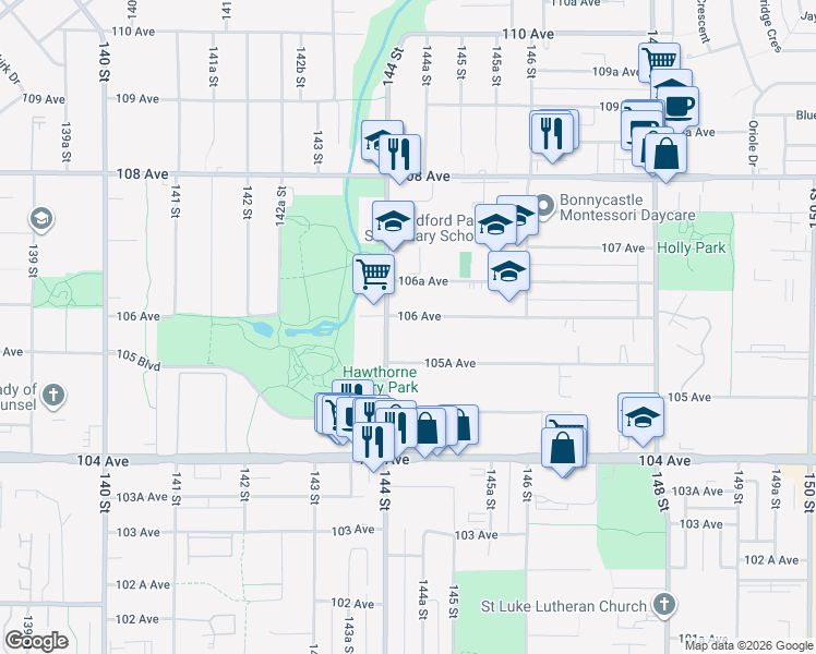 map of restaurants, bars, coffee shops, grocery stores, and more near 14450 106A Avenue in Surrey