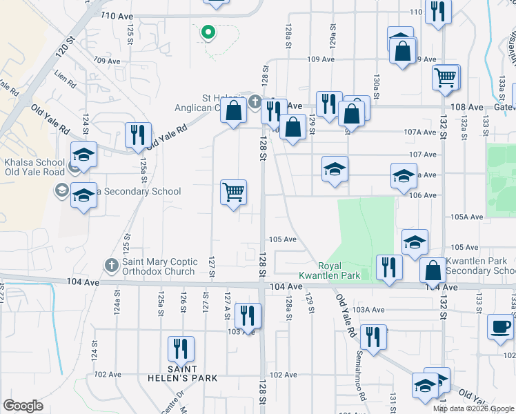 map of restaurants, bars, coffee shops, grocery stores, and more near 10583 128 Street in Surrey