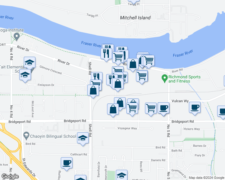 map of restaurants, bars, coffee shops, grocery stores, and more near 2633 Simpson Road in Richmond