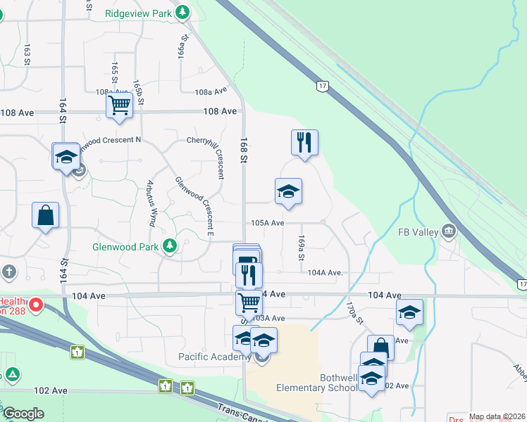map of restaurants, bars, coffee shops, grocery stores, and more near 16830 106 Avenue in Surrey