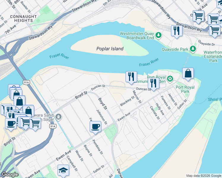 map of restaurants, bars, coffee shops, grocery stores, and more near 388 Duncan Street in New Westminster