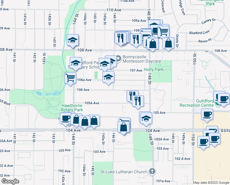 map of restaurants, bars, coffee shops, grocery stores, and more near 14614 106 Avenue in Surrey
