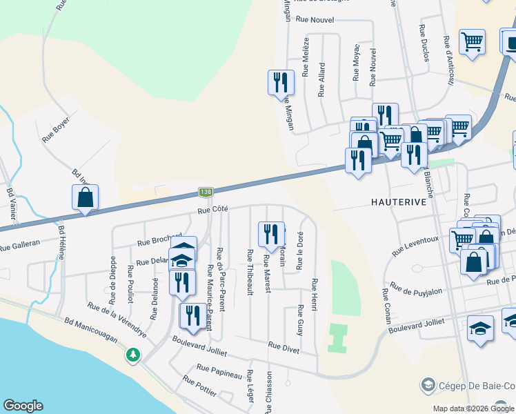 map of restaurants, bars, coffee shops, grocery stores, and more near 1469 Rue Côté in Baie-Comeau