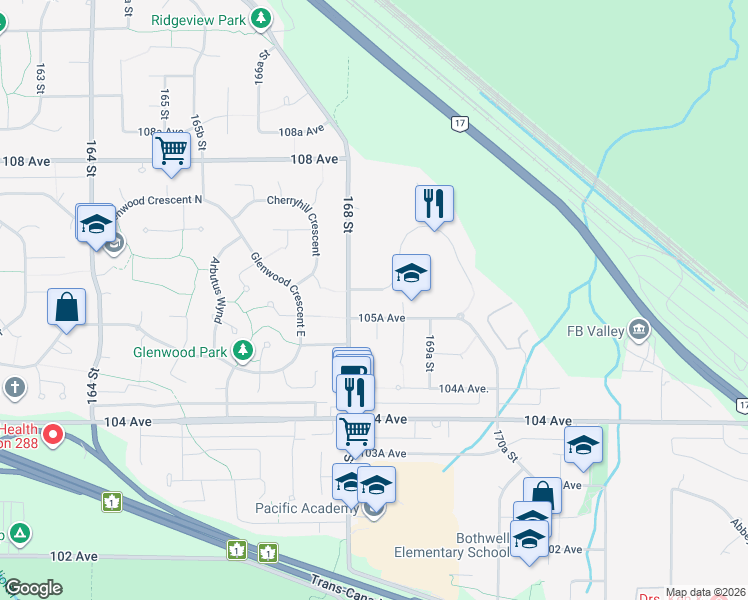map of restaurants, bars, coffee shops, grocery stores, and more near 16838 106 Avenue in Surrey