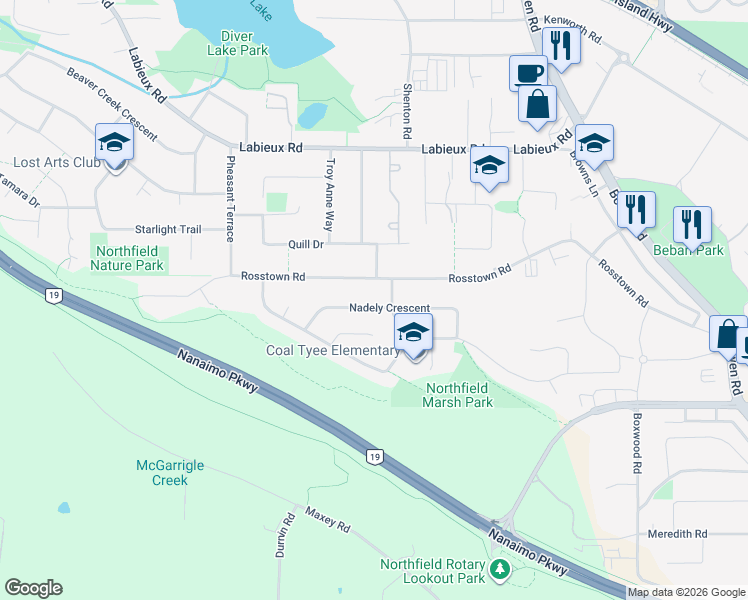 map of restaurants, bars, coffee shops, grocery stores, and more near 2510 Nadely Crescent in Nanaimo